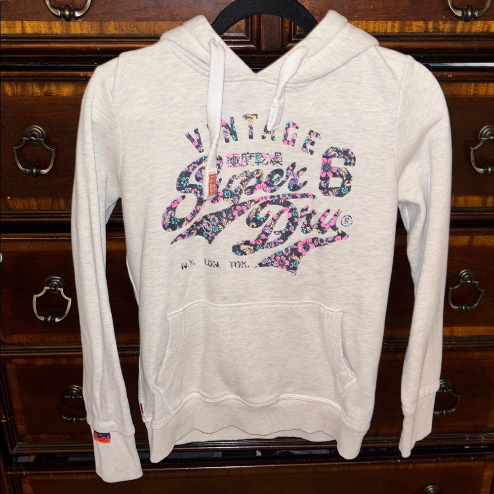 Superdry Light Gray Hoodie with Floral Logo